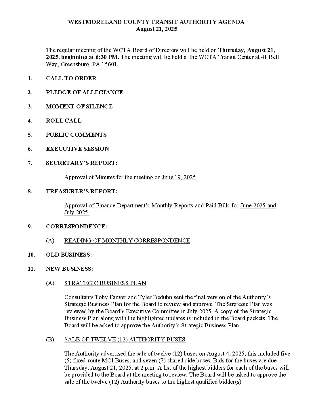 FINAL August 21, 2025, Board Meeting Agenda