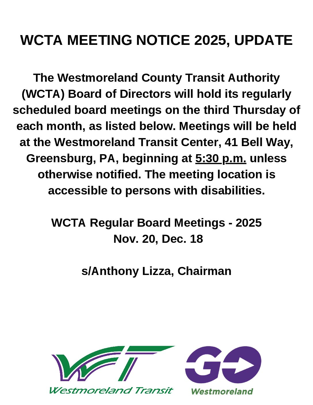 Westmoreland County Transit Authority Board Meeting Time Update 10-16-25
