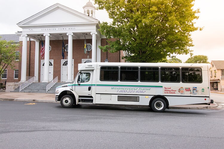 Westmoreland Transit bus stopped at Ligonier Town Hall on route 20F.