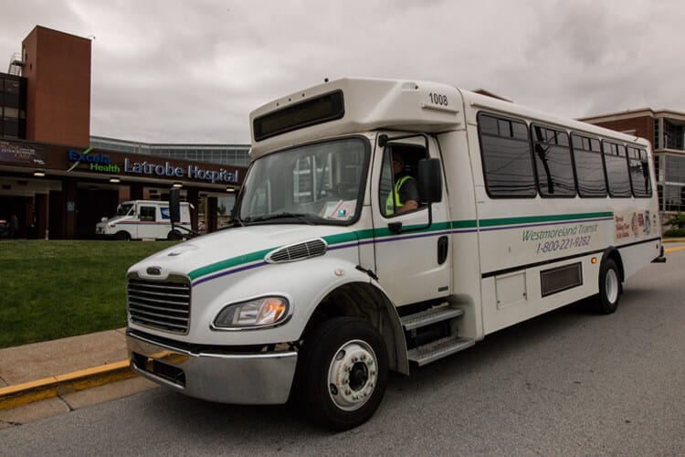 Westmoreland Transit bus stopped at Latrobe Hospital.